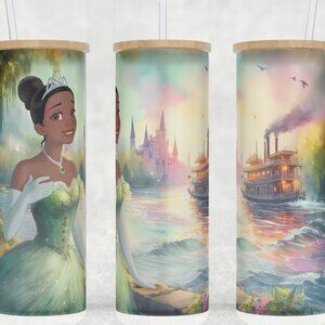 Frosted Glass Princess Tiana with Steamboat Watercolor Cup Mug Tumbler 25oz